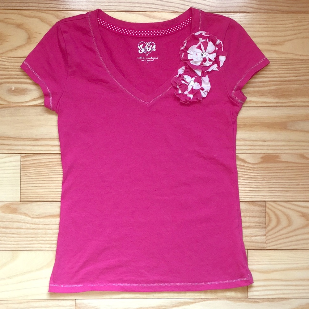 Justice Pink V Neck Tee with Flowers